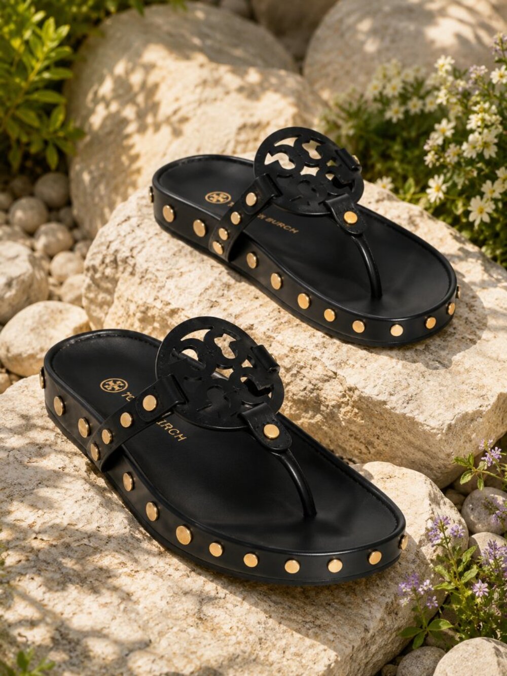 Tory Burch Black Calf Leather Miller Cloud Coin Sandals In Perfect Black